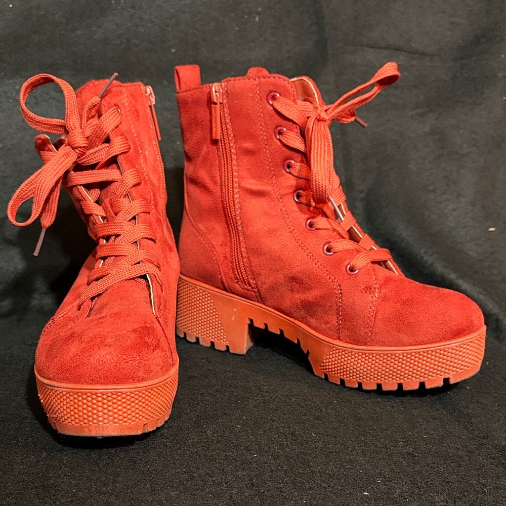Red Lace-Up Ankle Boots